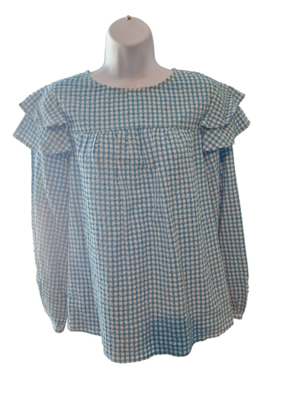 Crown & Ivy S Blue Gingham Ruffle Blouse Cottagecore Coastal Preppy Babydoll Top